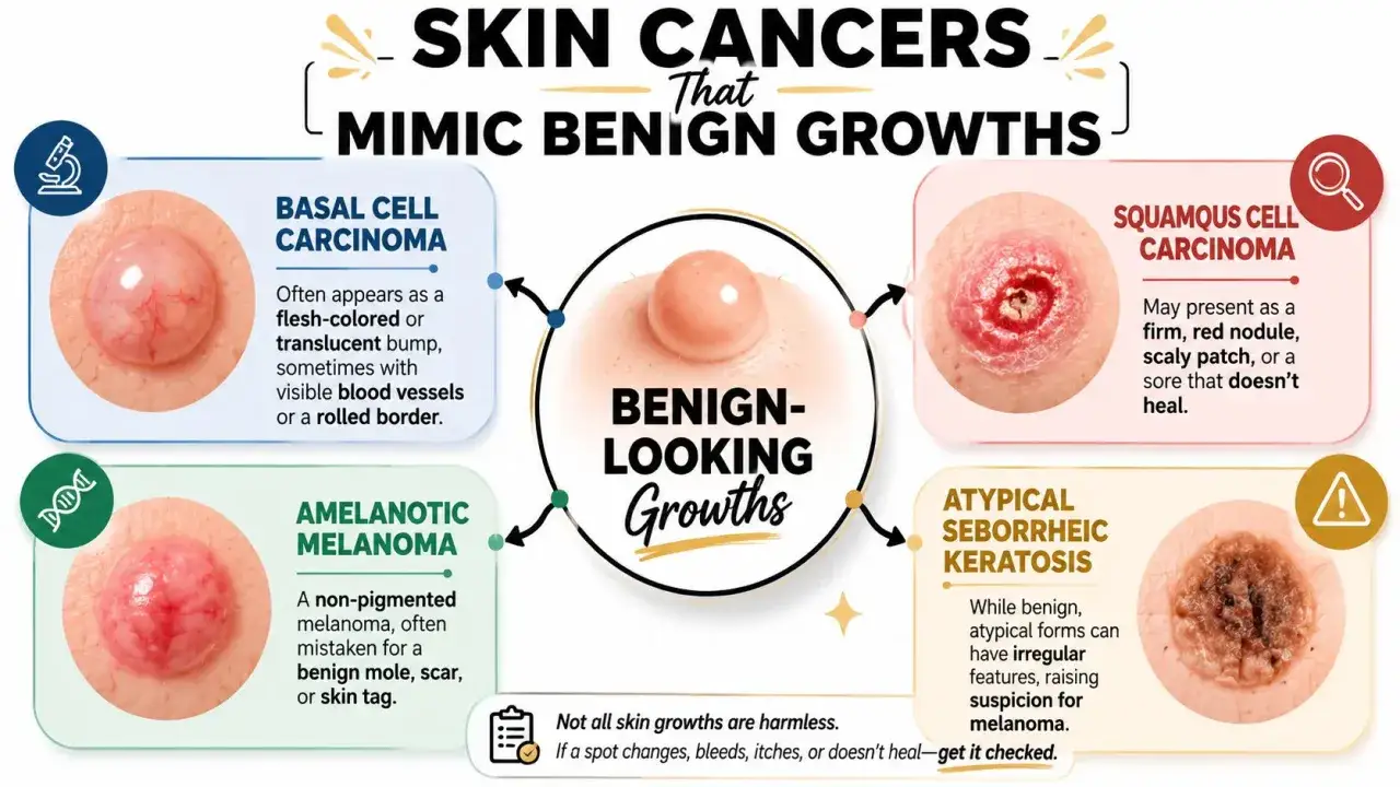 Excroissance peau : basocellulaire, mélanome amélanotique, carcinome épidermoïde, kératose séborrhéique atypique. Attention aux changements.