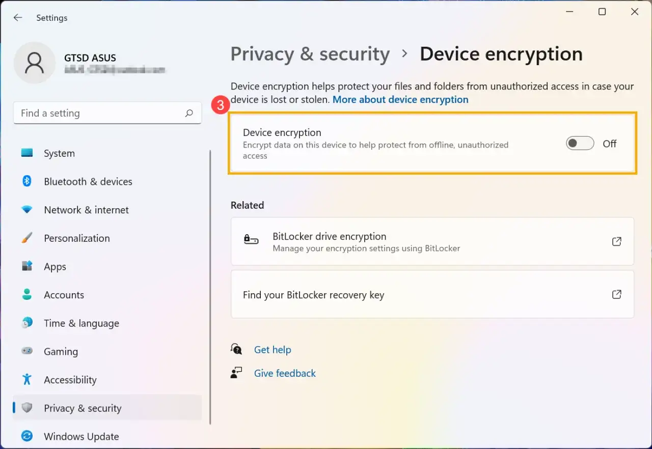Ustawienia prywatności i zabezpieczeń: szyfrowanie urządzenia. Opcja BitLocker jest wyłączona, ale można ją włączyć, aby chronić dane.