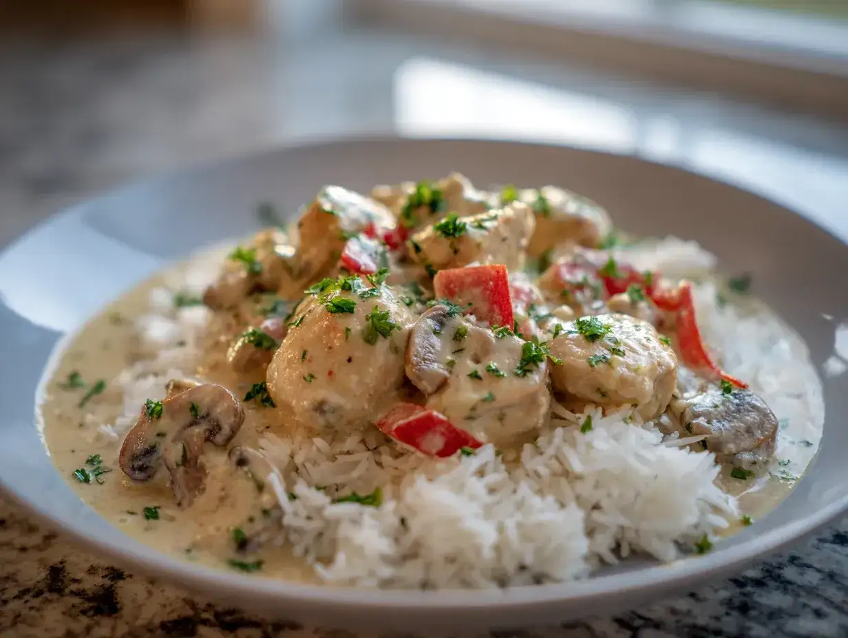 En krämig chicken ala king med ris, svamp och paprika, toppad med färsk persilja. En riktig klassiker!
