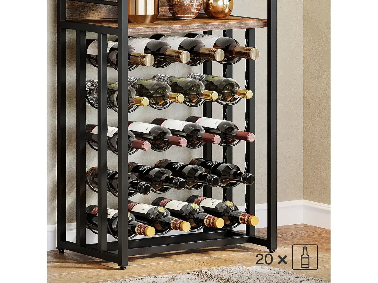 Stojak na wino z 20 butelkami, idealny do przechowywania wina w domu.