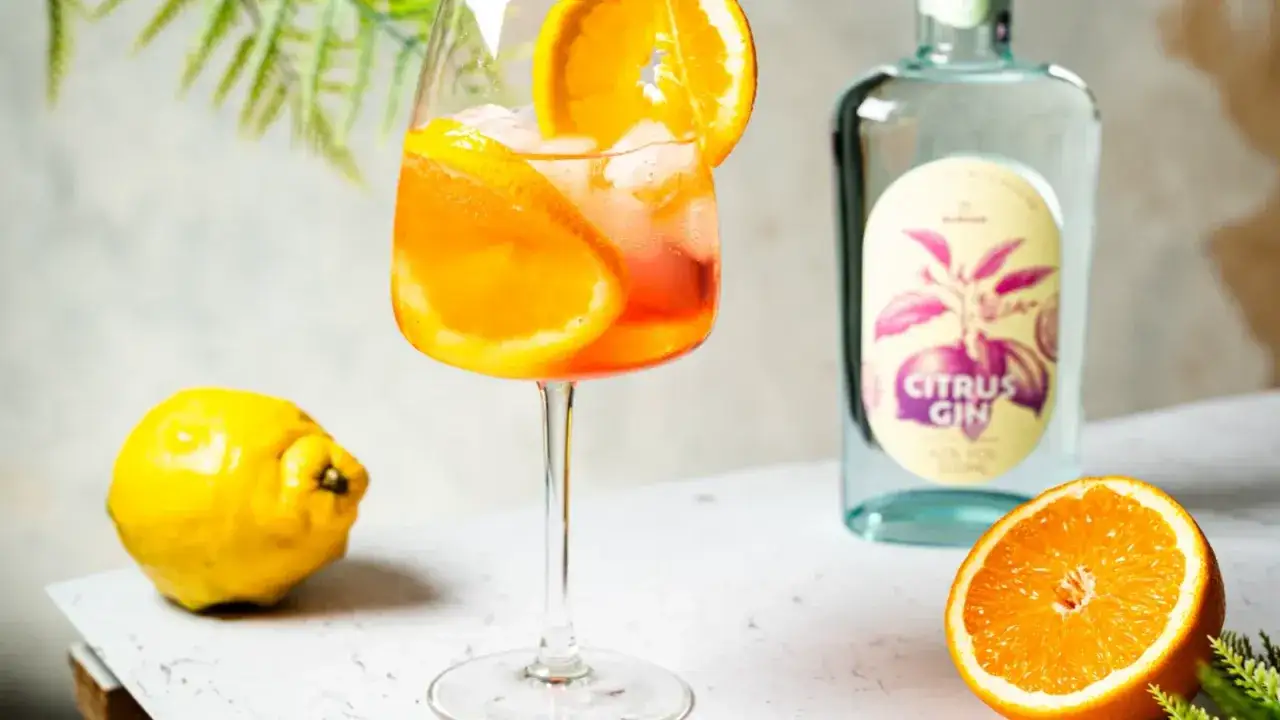 Erfrischender Negroni mit Orangenscheiben und Eis, daneben eine Flasche Citrus Gin, eine Zitrone und eine halbe Orange.