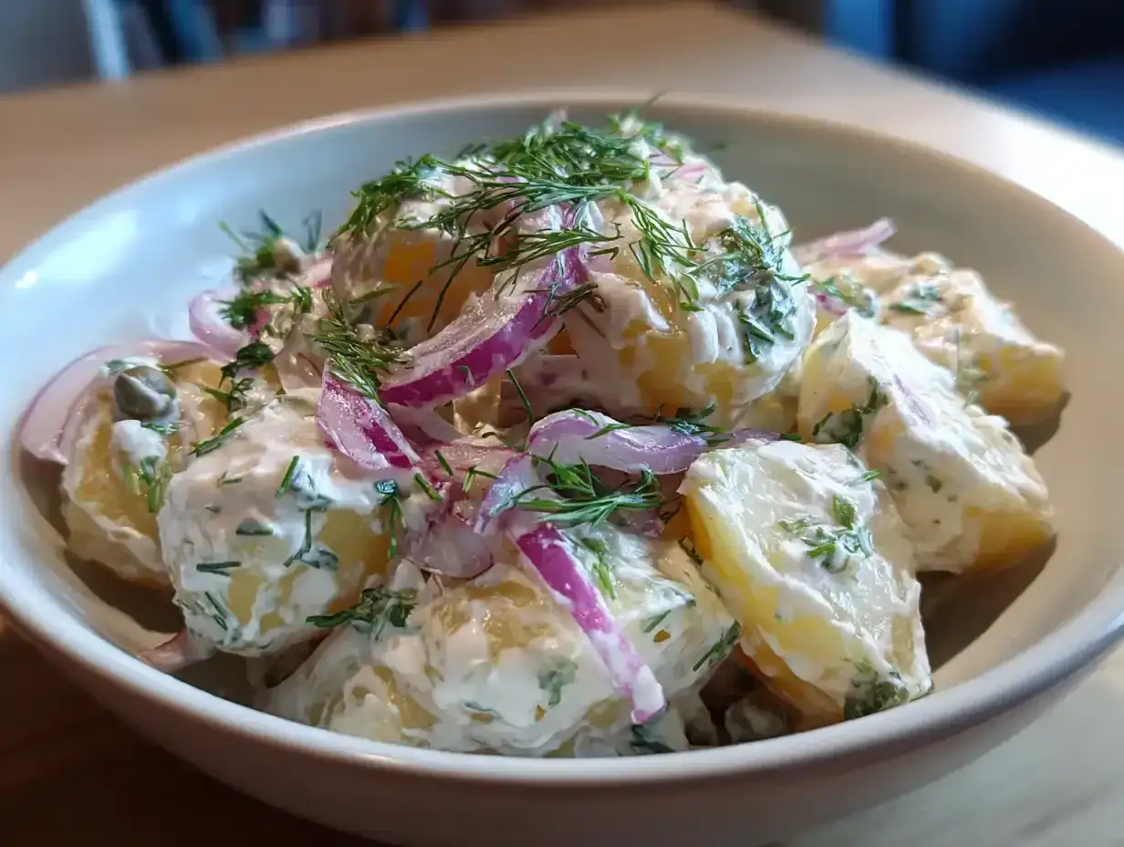 Enkel potatissallad med kr&auml;mig dressing, r&ouml;dl&ouml;k och dill. En klassiker som passar till det mesta.