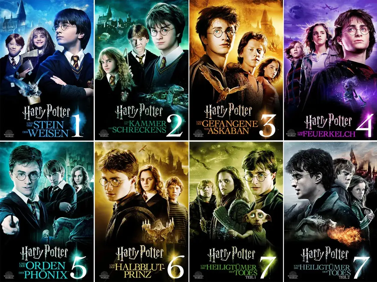 Harry Potter Filme 1-7 zum Streamen: Harry, Ron & Hermine erleben magische Abenteuer.