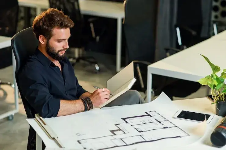 Młody architekt przy biurku z projektami