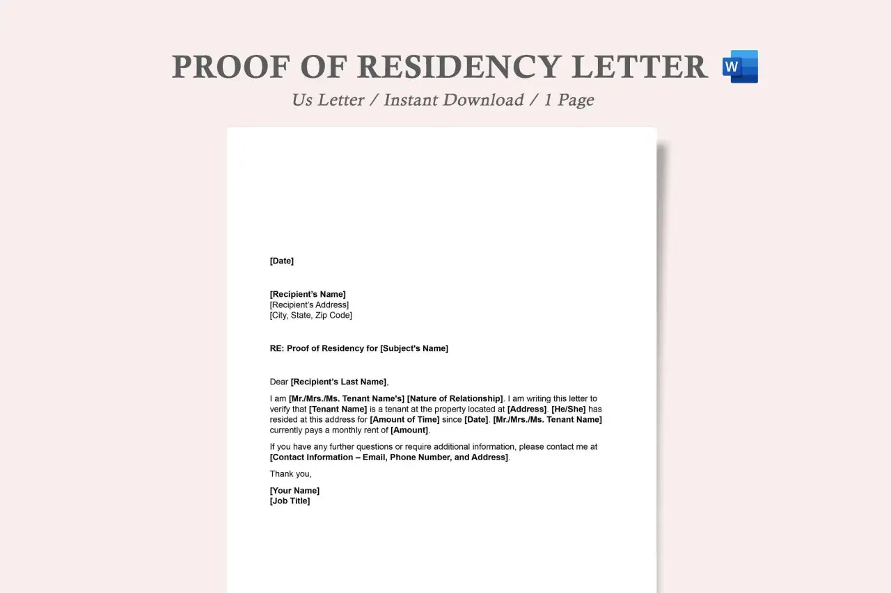 Lettre de preuve de résidence, un modèle pour une attestation de logement. Elle confirme qu'une personne est locataire d'un bien immobilier.