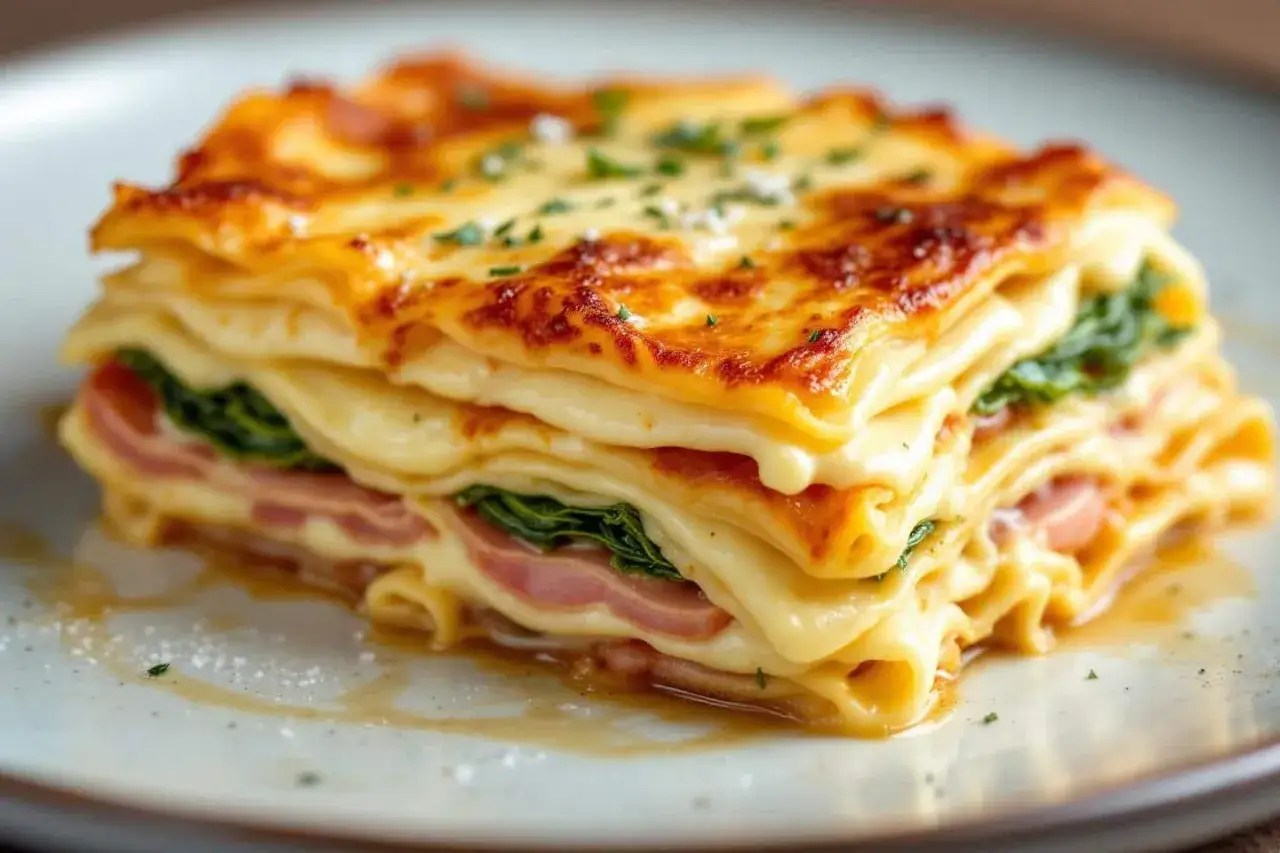 Lasagnes poireaux béchamel, une tranche dorée et appétissante, garnie de jambon et d'épinards, prête à être dégustée.