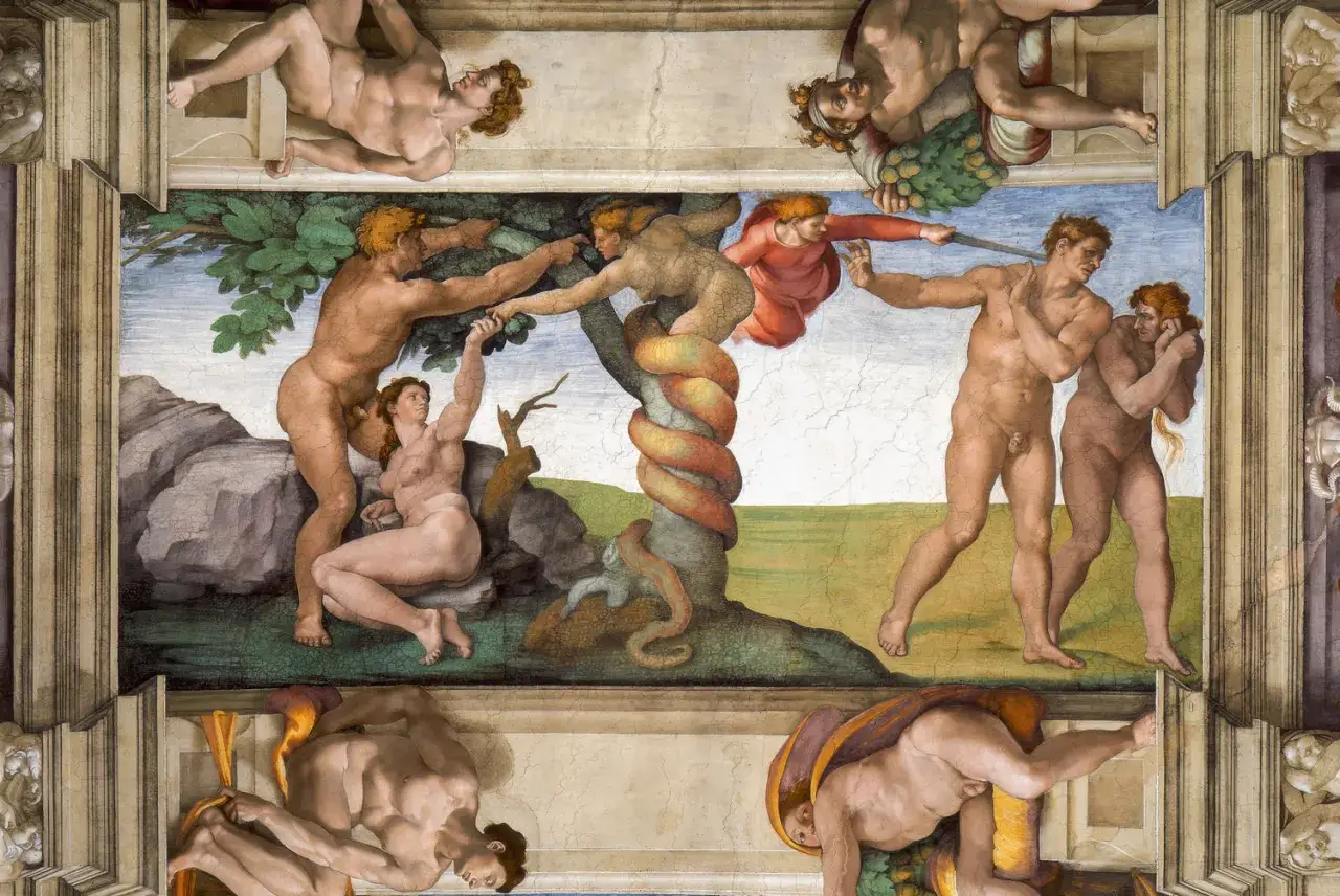 Die Sixtinische Kapelle, ein Meisterwerk, das an Leonardo da Vinci erinnert, zeigt den Sündenfall. Adam und Eva greifen nach der verbotenen Frucht.