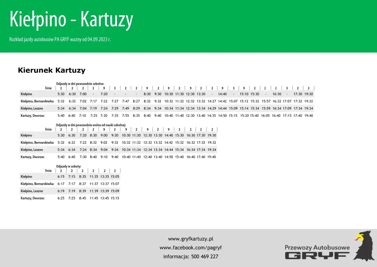 Rozkład jazdy autobusów Gryf na trasie Kiełpino - Kartuzy. Sprawdź godziny odjazdów w dni powszednie i soboty.