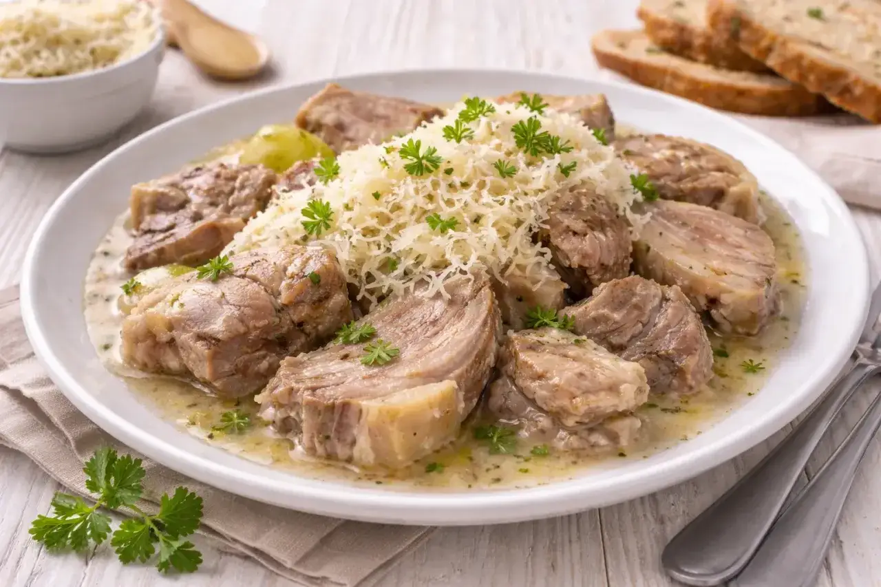 Ein Teller mit saftigem Wellfleisch, bedeckt mit geriebenem Käse und Petersilie. Ein köstliches Wellfleisch Rezept für Genießer.