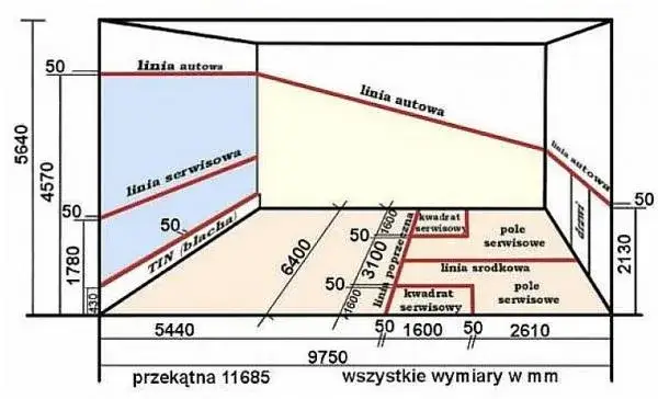 Wymiary kortu do squasha schemat