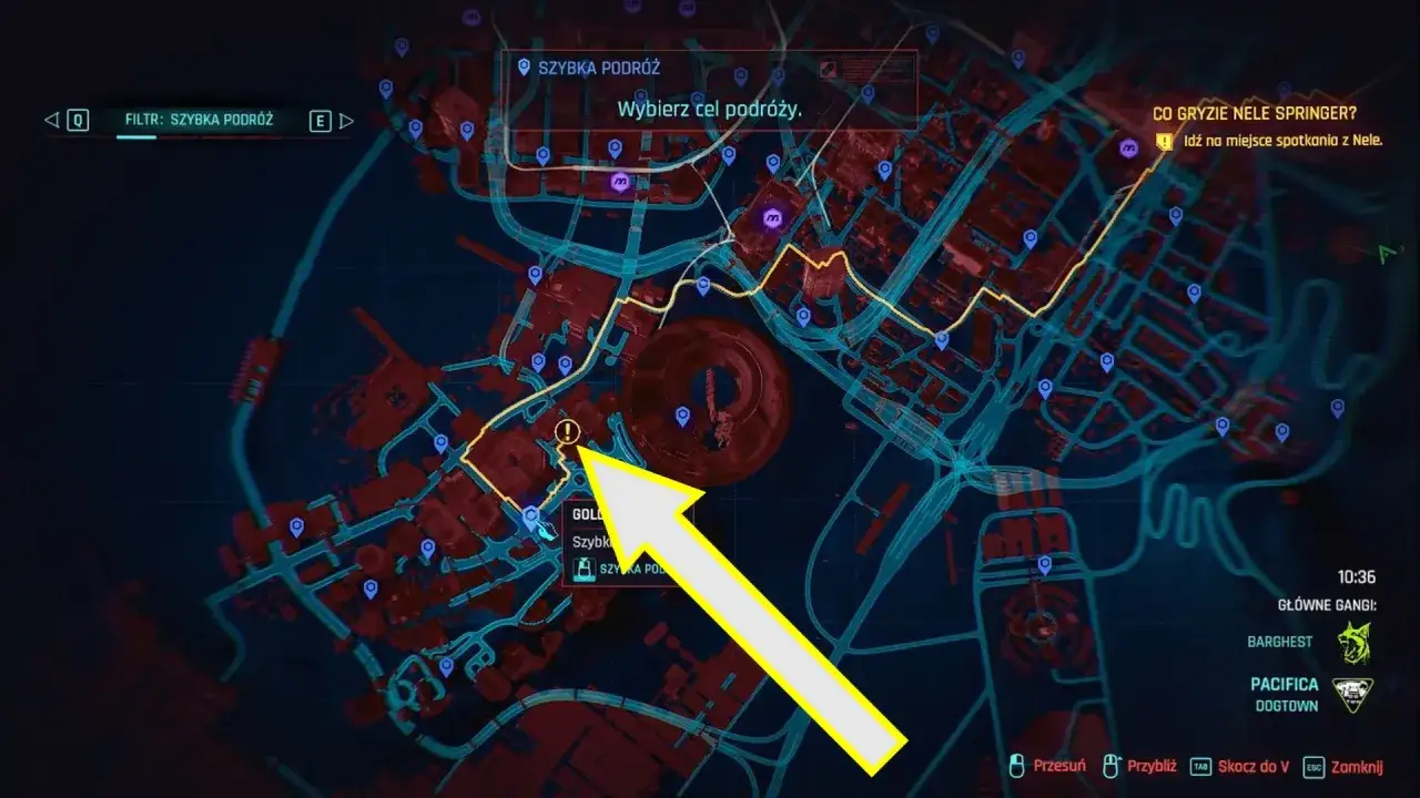 Mapa Night City z zaznaczoną trasą szybkiej podróży. Wskazuje na wysokie progi cyberpunk, gdzie czeka Nele.