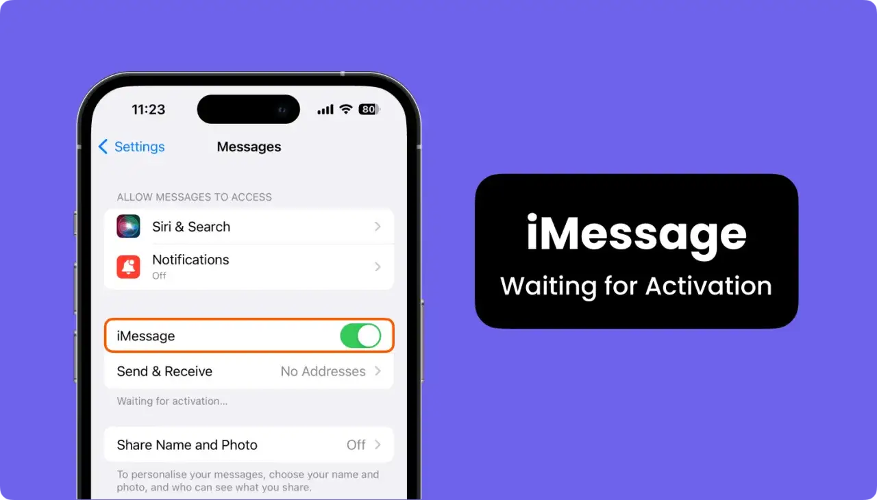 Jak włączyć iMessage: przełącznik jest zielony, ale usługa czeka na aktywację.