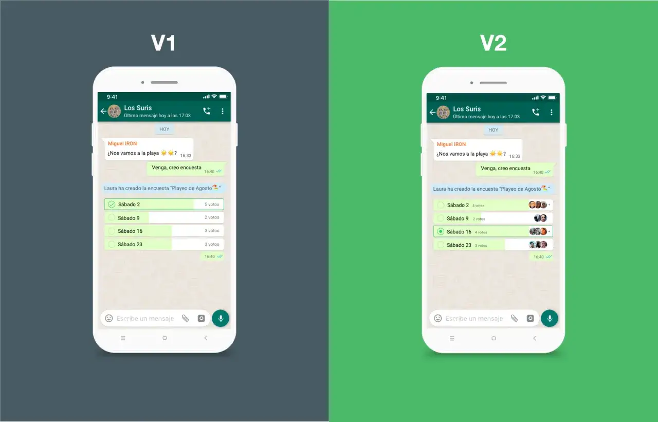 Porównanie interfejsów WhatsApp: V1 i V2. Zobacz, jak zrobic ankiete na WhatsApp, by zaplanować wyjazd na plażę.