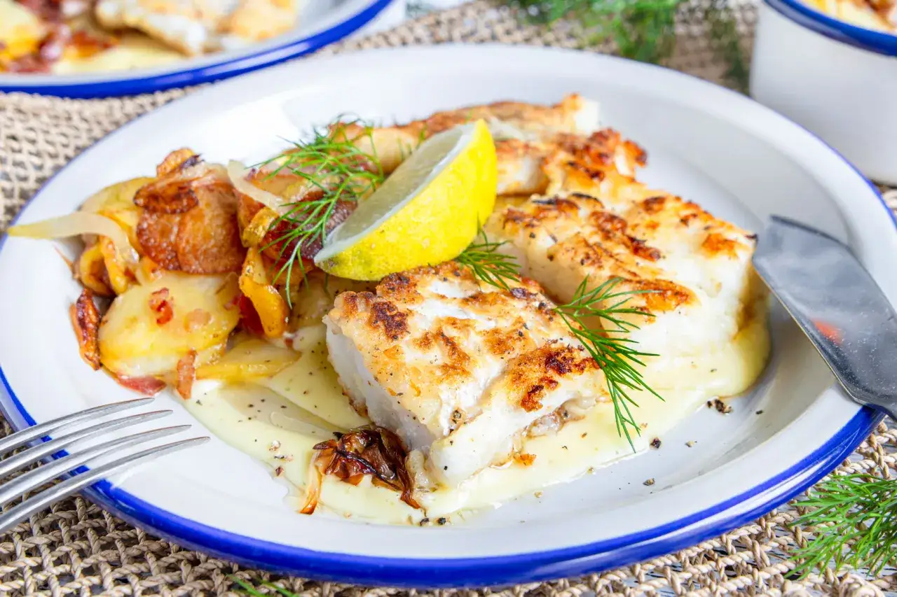 Gebratener Fisch mit Bratkartoffeln und Zwiebeln, garniert mit Dill und Zitrone. Ein köstlicher Pannfisch, der Lust auf mehr macht.