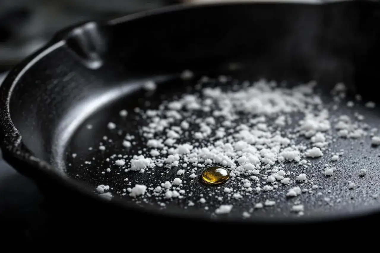 Goutte d'huile dorée sur une **casserole noircie** parsemée de sel fin, prête pour une cuisson savoureuse.
