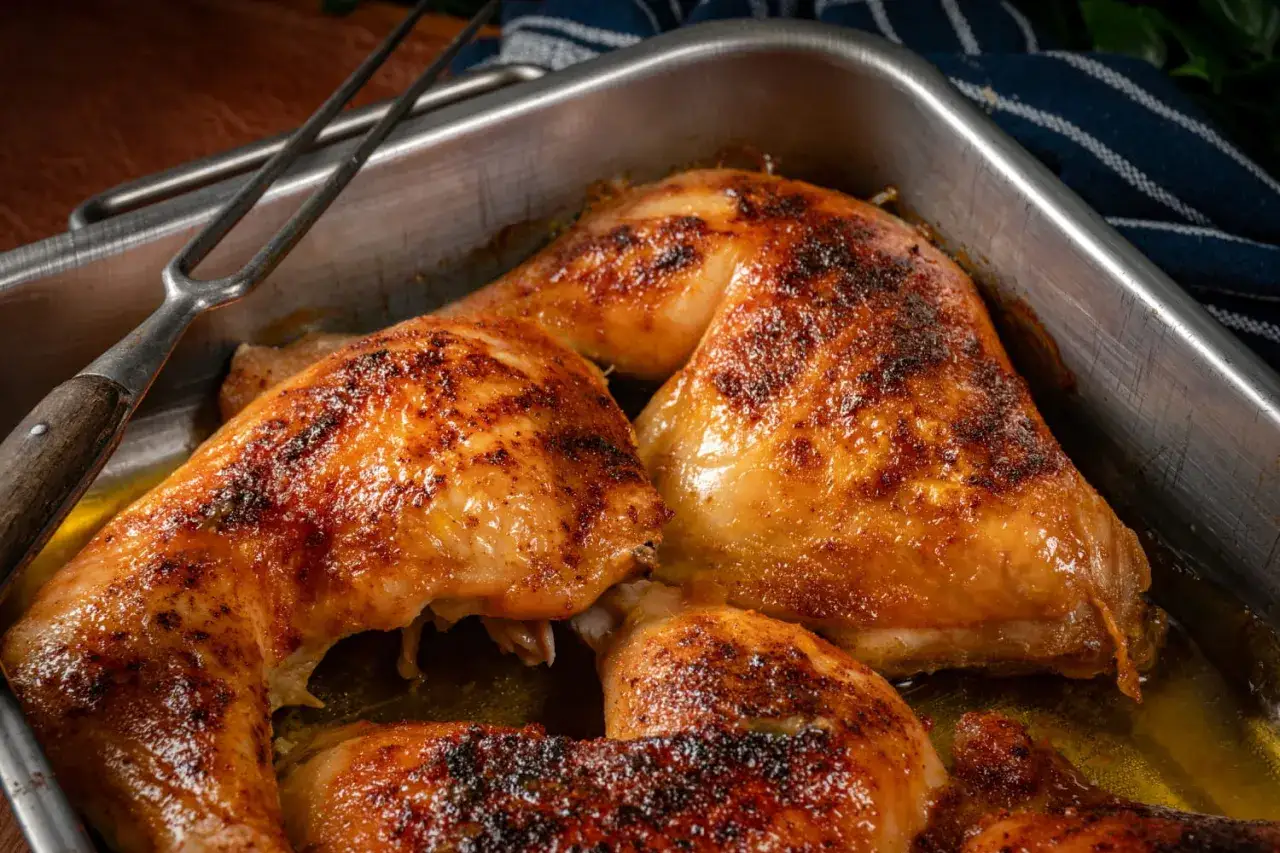 Un délicieux demi poulet BBQ, doré et juteux, prêt à être dégusté dans son plat de cuisson avec une fourchette à viande.