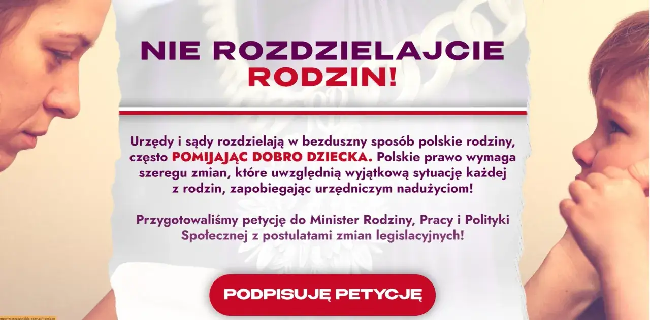 Smutna twarz kobiety i profil dziecka po bokach. Napis: