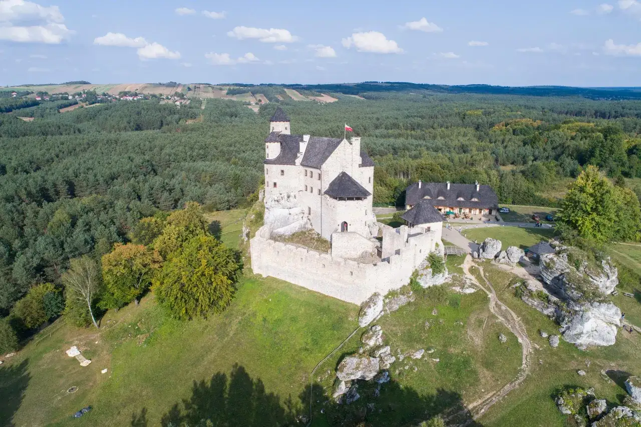 Kamienny zamek na skale, otoczony lasem, jeden z pięknych zamków w Polsce.