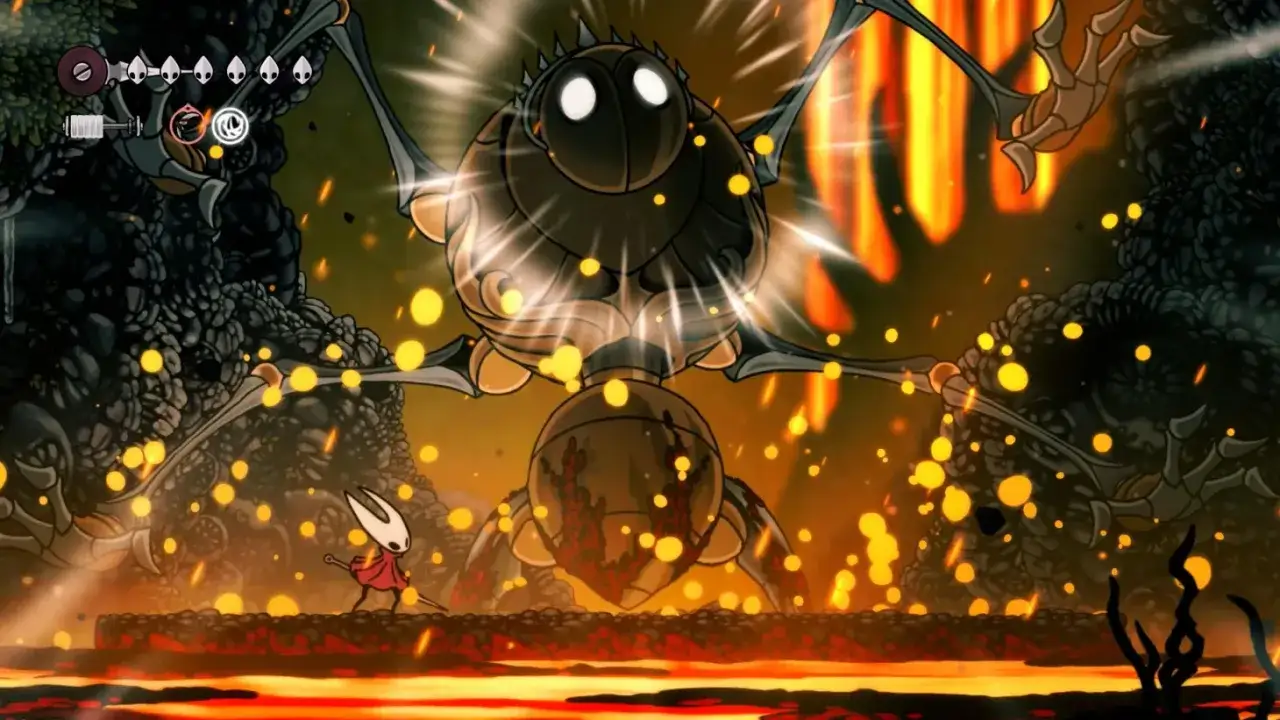 Hornet stawia czoła gigantycznemu, pająkowatemu bossowi w płomiennym krajobrazie. To epicka scena z Hollow Knight: Silksong.