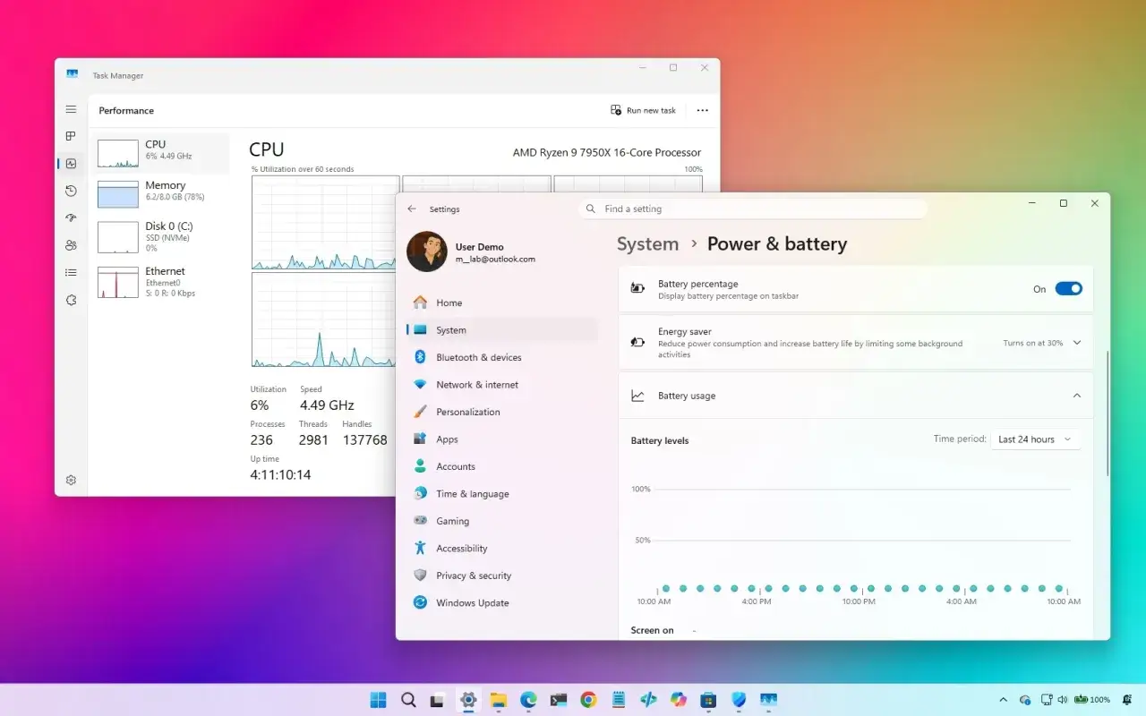 Fenêtre de config Windows 11 : Gestionnaire des tâches affichant l'utilisation du CPU et les paramètres d'alimentation et de batterie.