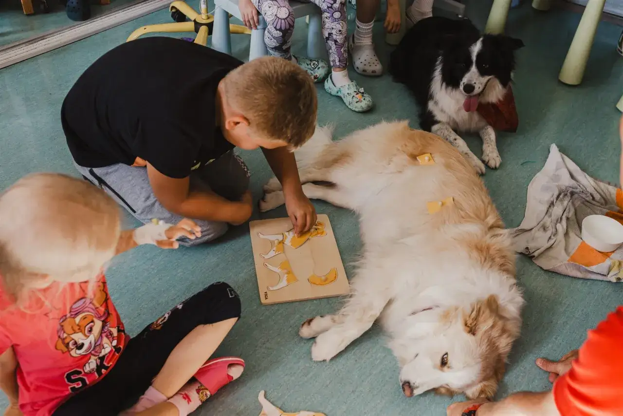 Dzieci i psy biorą udział w zajęciach dogoterapii. Układają puzzle, a psy leżą obok, cierpliwie czekając.