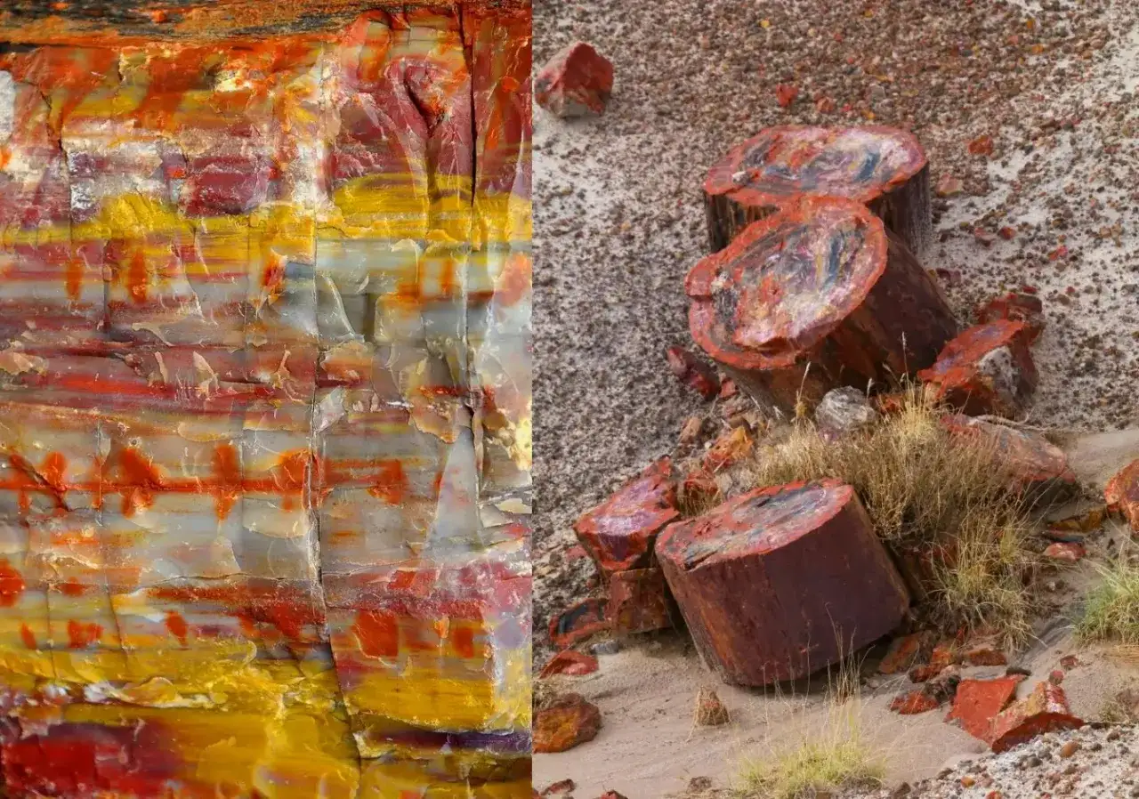 Bunte Schichten von versteinertem Holz zeigen die Farben der Erde. Auf der rechten Seite liegen Baumstämme, die zu Stein wurden.