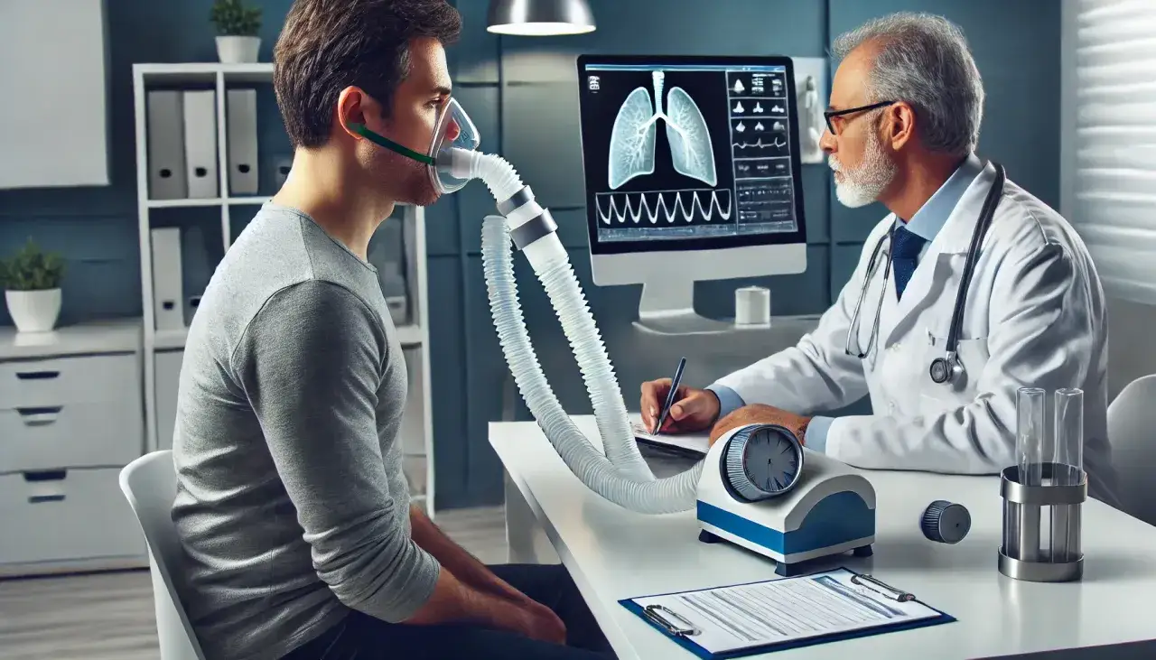 Lekarz wykonuje spirometrię u pacjenta, który ma na sobie maskę połączoną z aparaturą. Na monitorze widoczne są płuca.