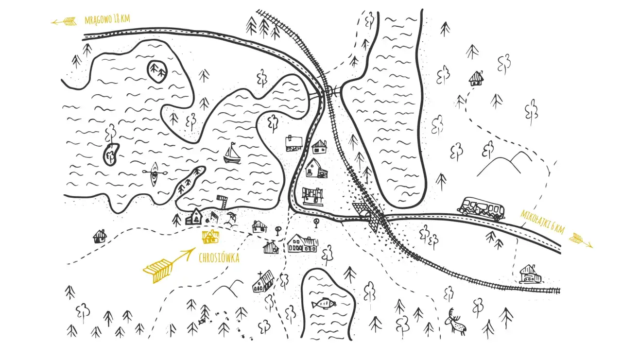 Mapa z zaznaczoną agroturystyką nad jeziorkiem. Widać jeziora, domki, łódkę, kajaki, pociąg i autobus.