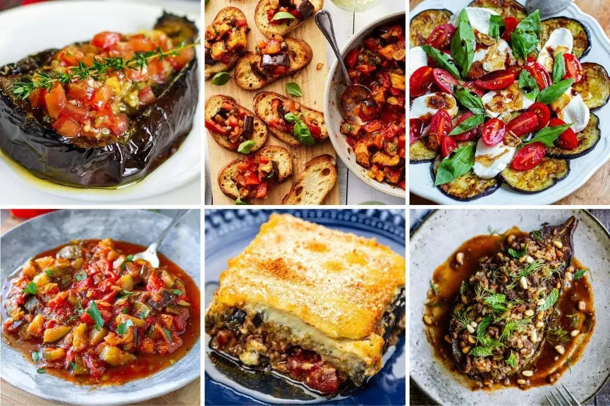 Seis platos deliciosos con berenjena: asada, en bruschetta, caprese, guisada, moussaka y rellena. ¡Una delicia para comer berenjena cruda!