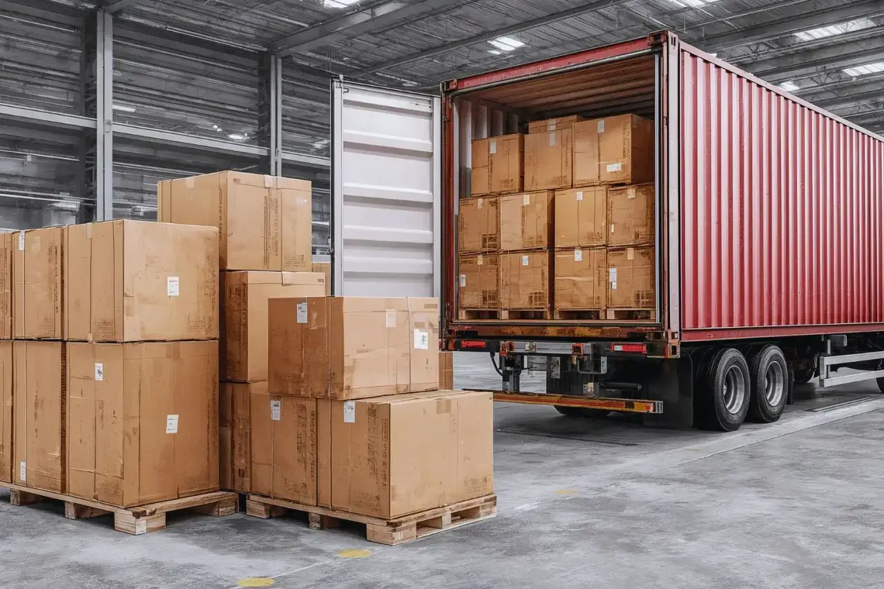 Pudełka z towarem czekają na załadunek do kontenera. TSL co to? To transport, spedycja, logistyka.