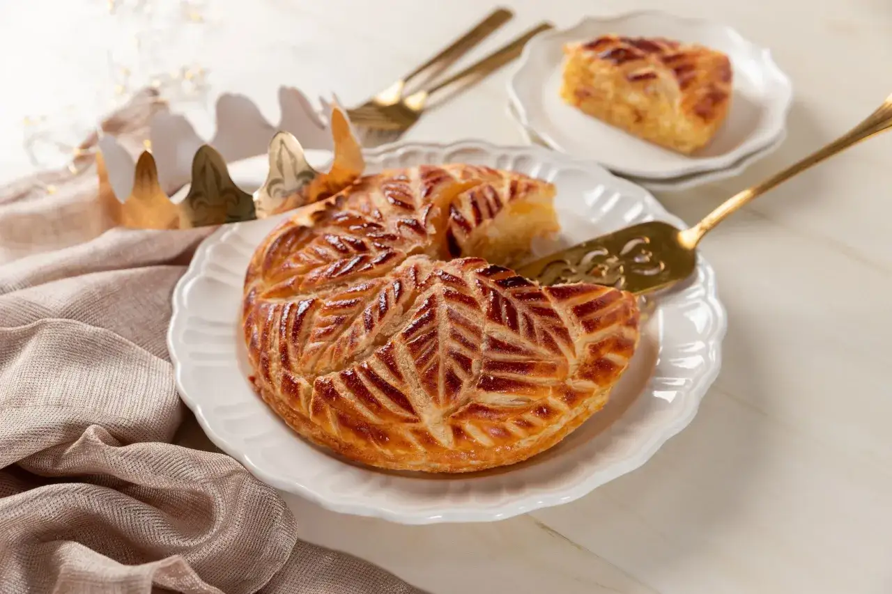 Un pastel de reyes con corona dorada, como los que se disfrutan cuando en Francia hay reyes magos.