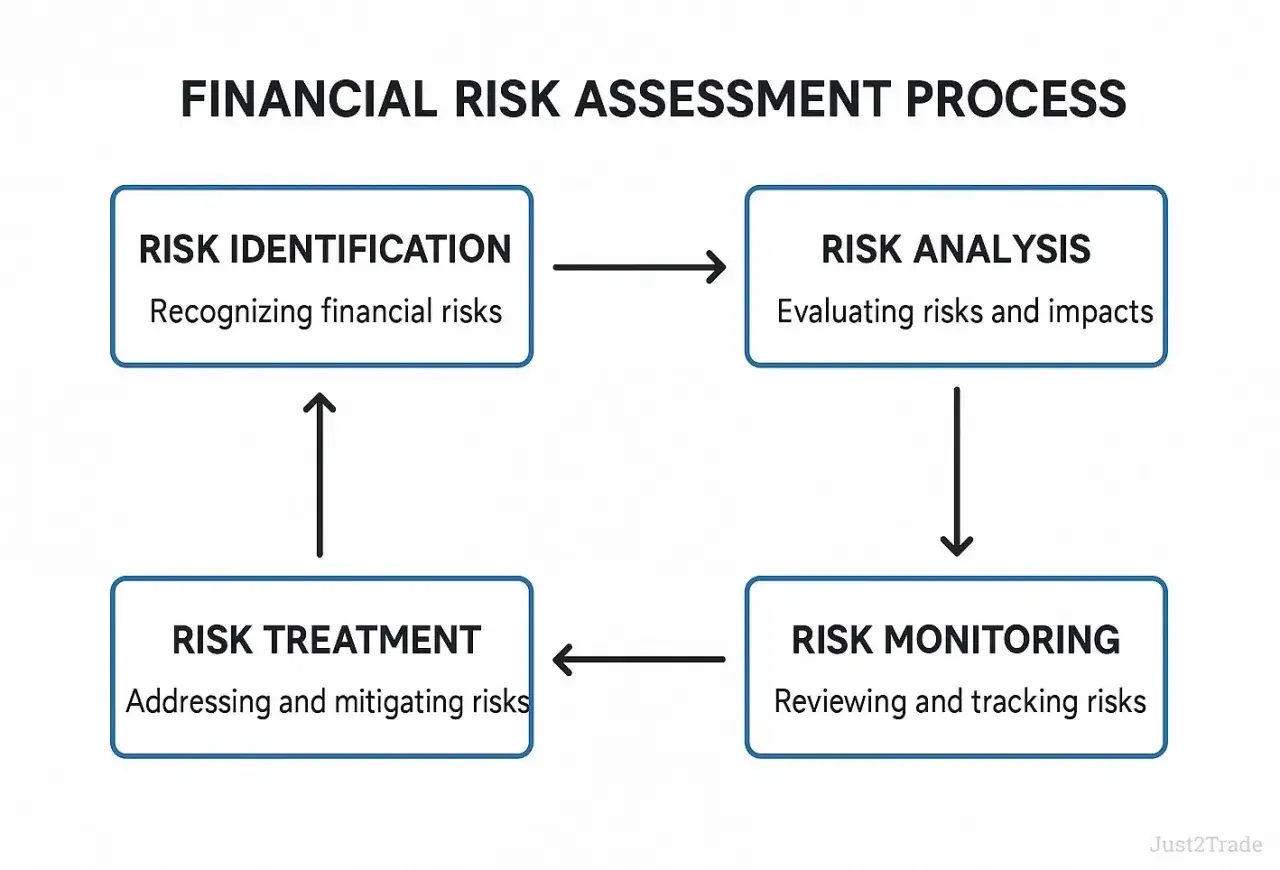 Financial risk assessment process flowchart: Risk Identification, Analysis, Monitoring, and Treatment. A due diligence checklist would follow these steps.