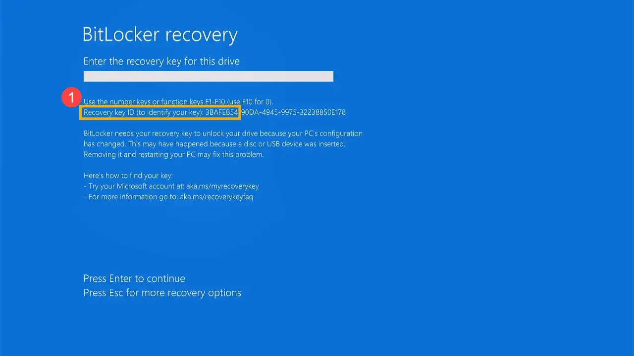 Ekran odzyskiwania BitLocker. Wpisz klucz odzyskiwania, aby odblokować dysk. ID klucza: 3BAFEB54...
