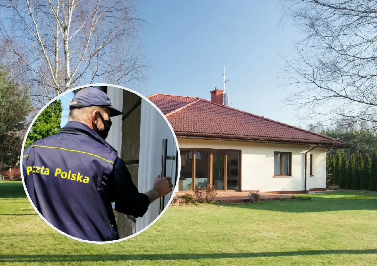 Listonosz Poczty Polskiej w maseczce otwiera drzwi domu, co może sugerować naruszenie miru domowego.