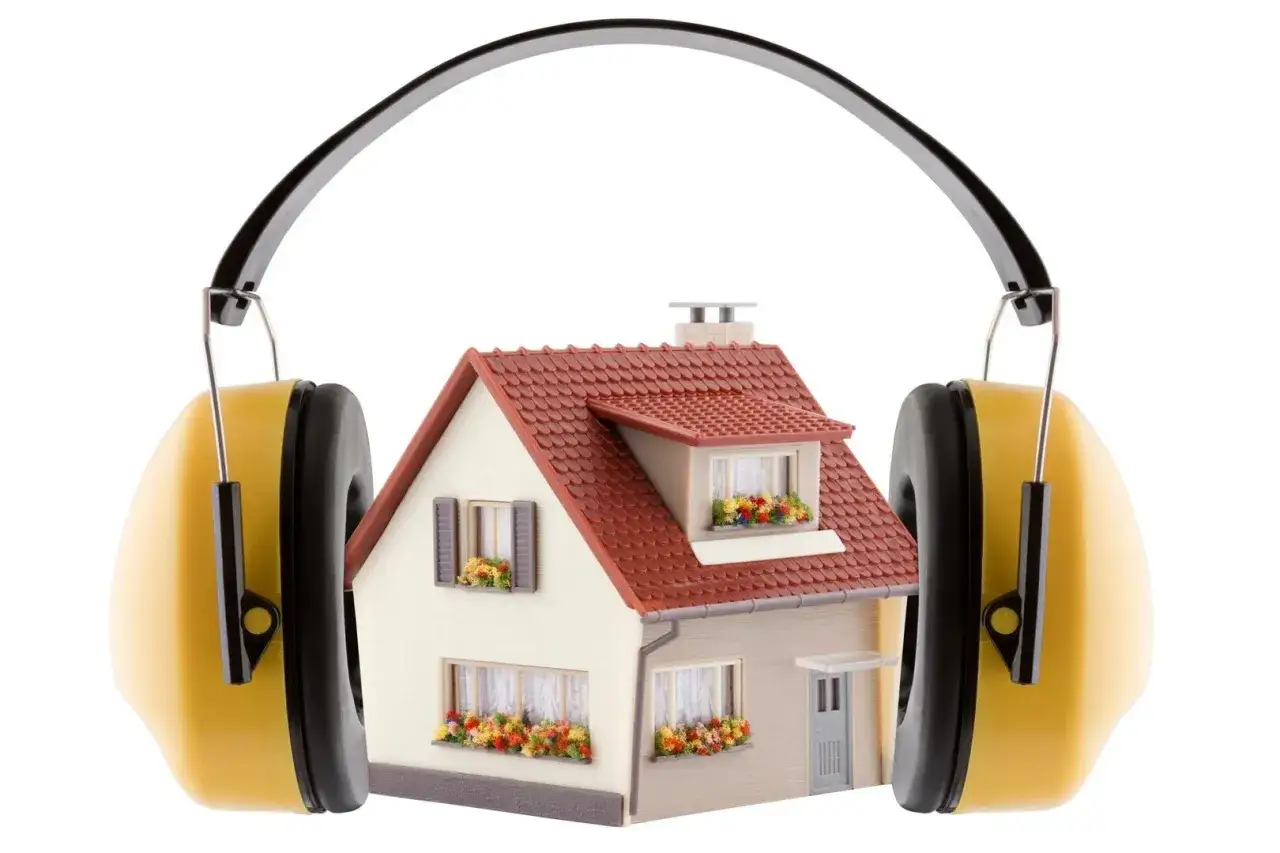 Een huis met gehoorbescherming, om te laten zien dat het last van omgevingsgeluid heeft.