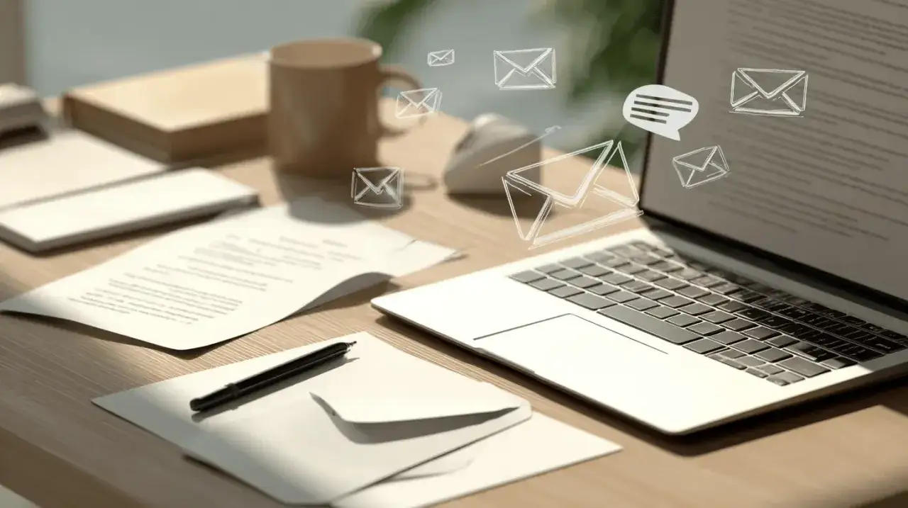 Schreibtisch mit Laptop, Dokumenten und einer Tasse. Eine **Anrede Graf** mit E-Mail-Symbolen schwebt über dem Bildschirm.