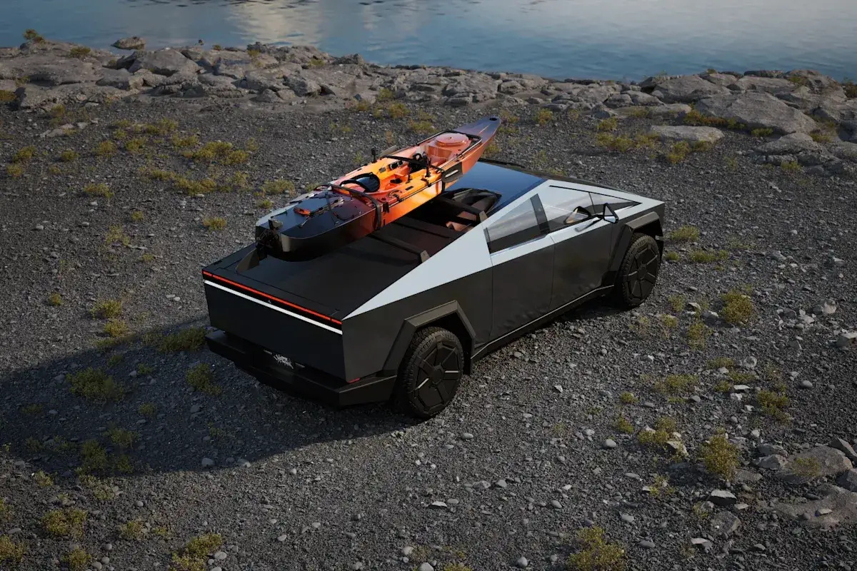 Tesla Cybertruck z kajakiem na dachu, gotowy na przygodę. Zastanawiasz się nad tesla cybertruck cena?