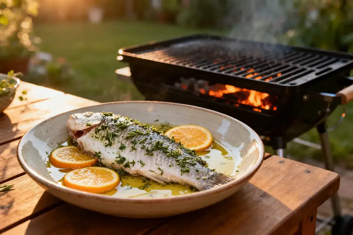 Poisson entier, assaisonn&eacute; d'herbes et de rondelles d'orange, pr&ecirc;t pour la cuisson &agrave; la plancha sur un barbecue en plein air.