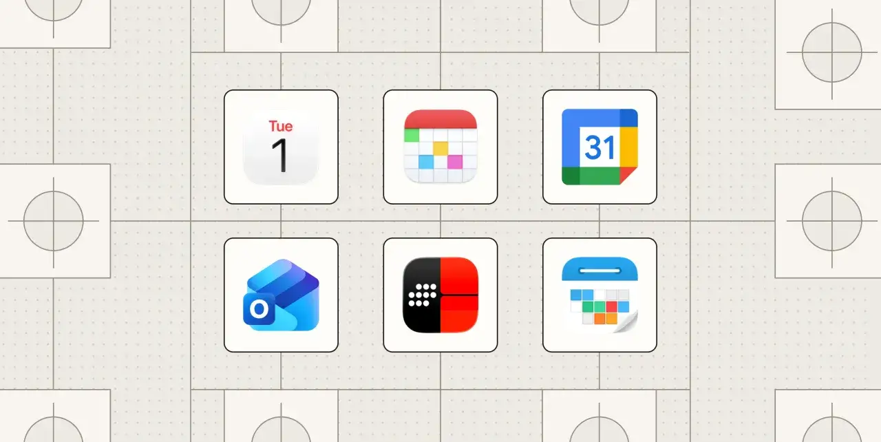 Six ic&ocirc;nes d'applications de calendrier, dont le meilleur agenda iPhone, sur un fond pointill&eacute;.