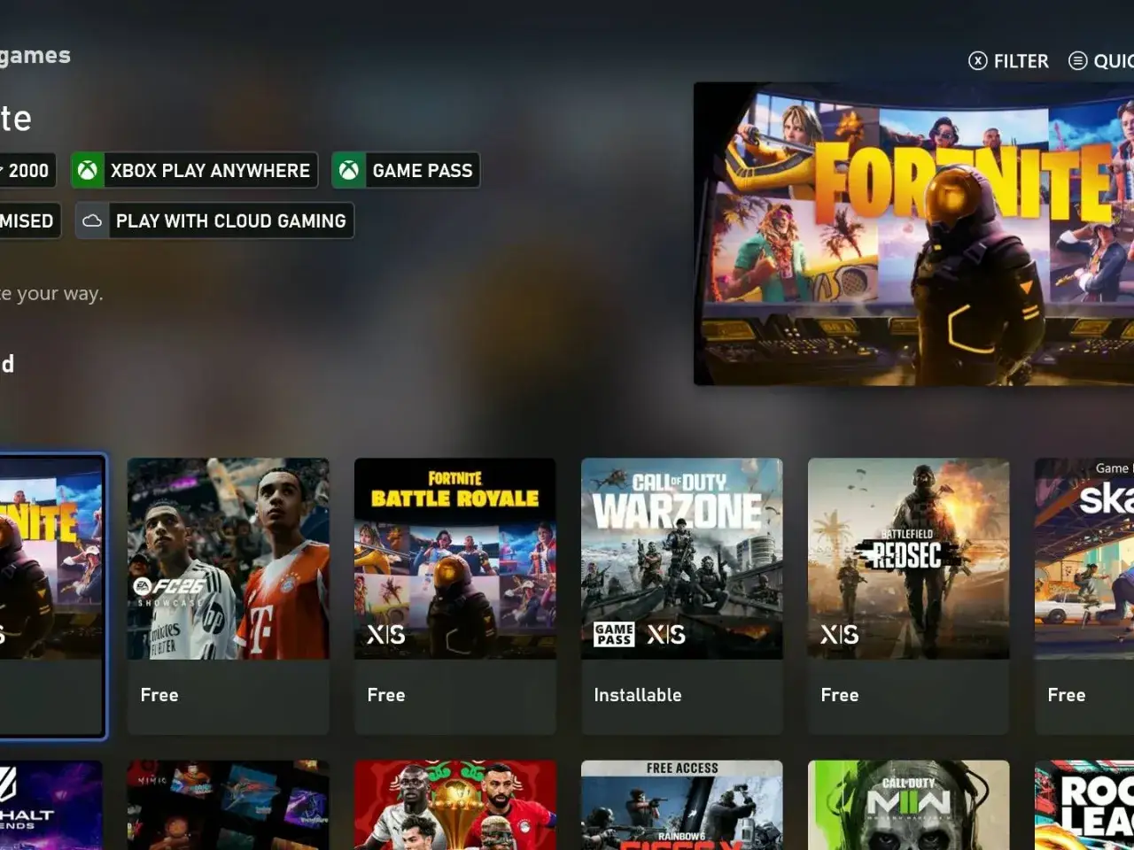 Ekran Xboxa z grami, w tym Fortnite. Dowiedz się, jak pobrać gry na Xbox One za darmo, korzystając z opcji Game Pass i darmowych tytułów.