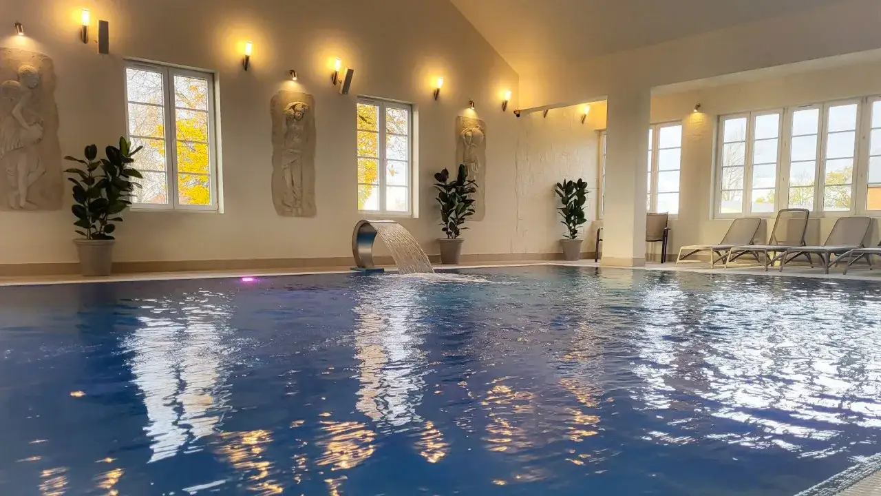 Basen z wodospadem i leżakami w hotelu Sobienie Królewskie. Relaks w otoczeniu zieleni i sztuki.