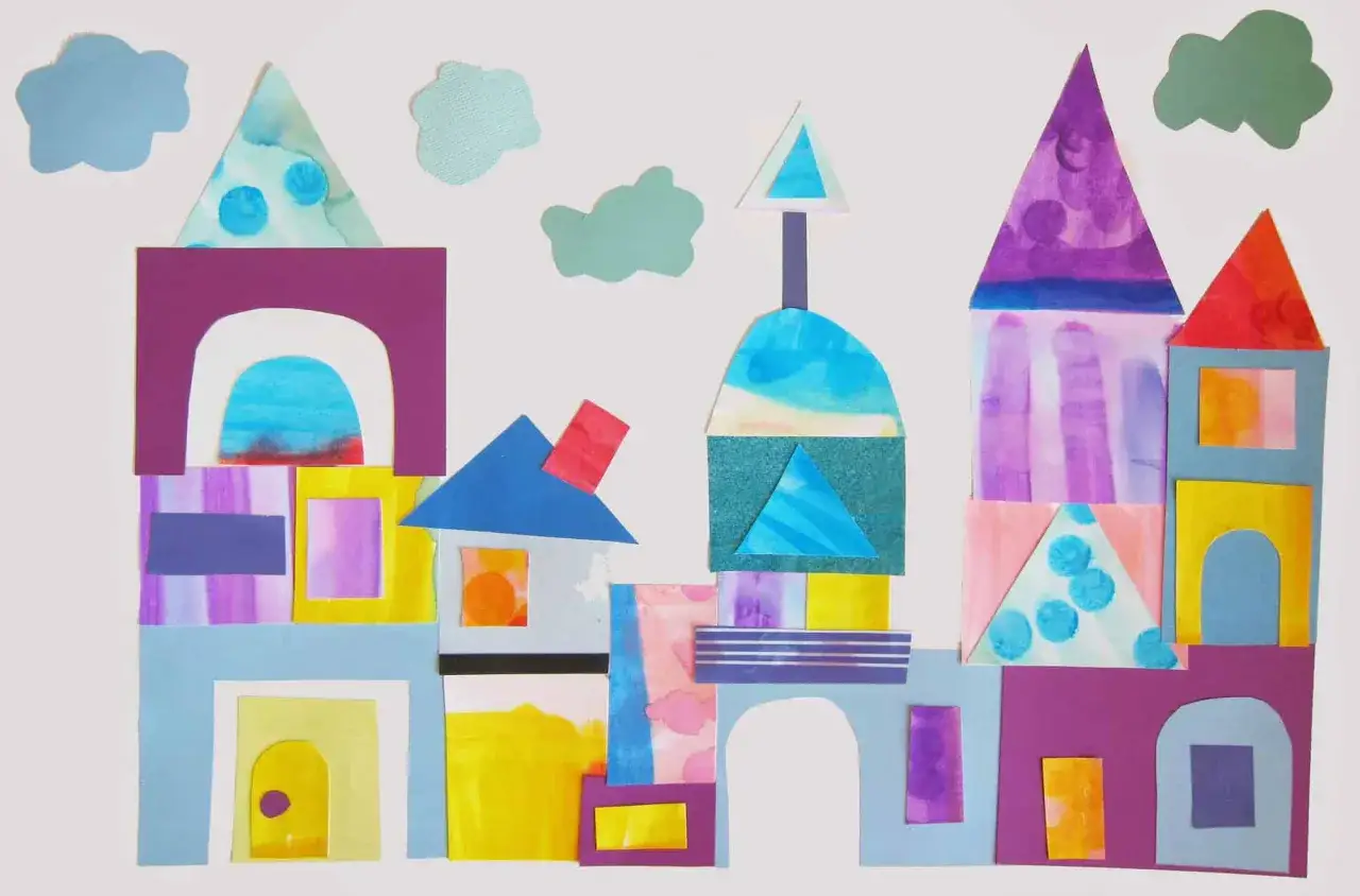 Un collage de casas coloridas, inspirado en **Paul Klee para niños para colorear**, con formas geométricas y texturas vibrantes.