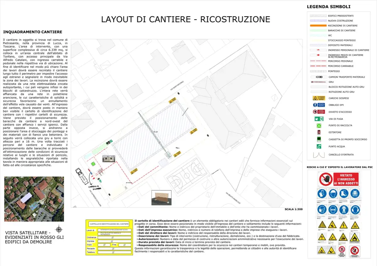 Layout di cantiere per ricostruzione ntc 2018, con legenda simboli e indicazioni di sicurezza.