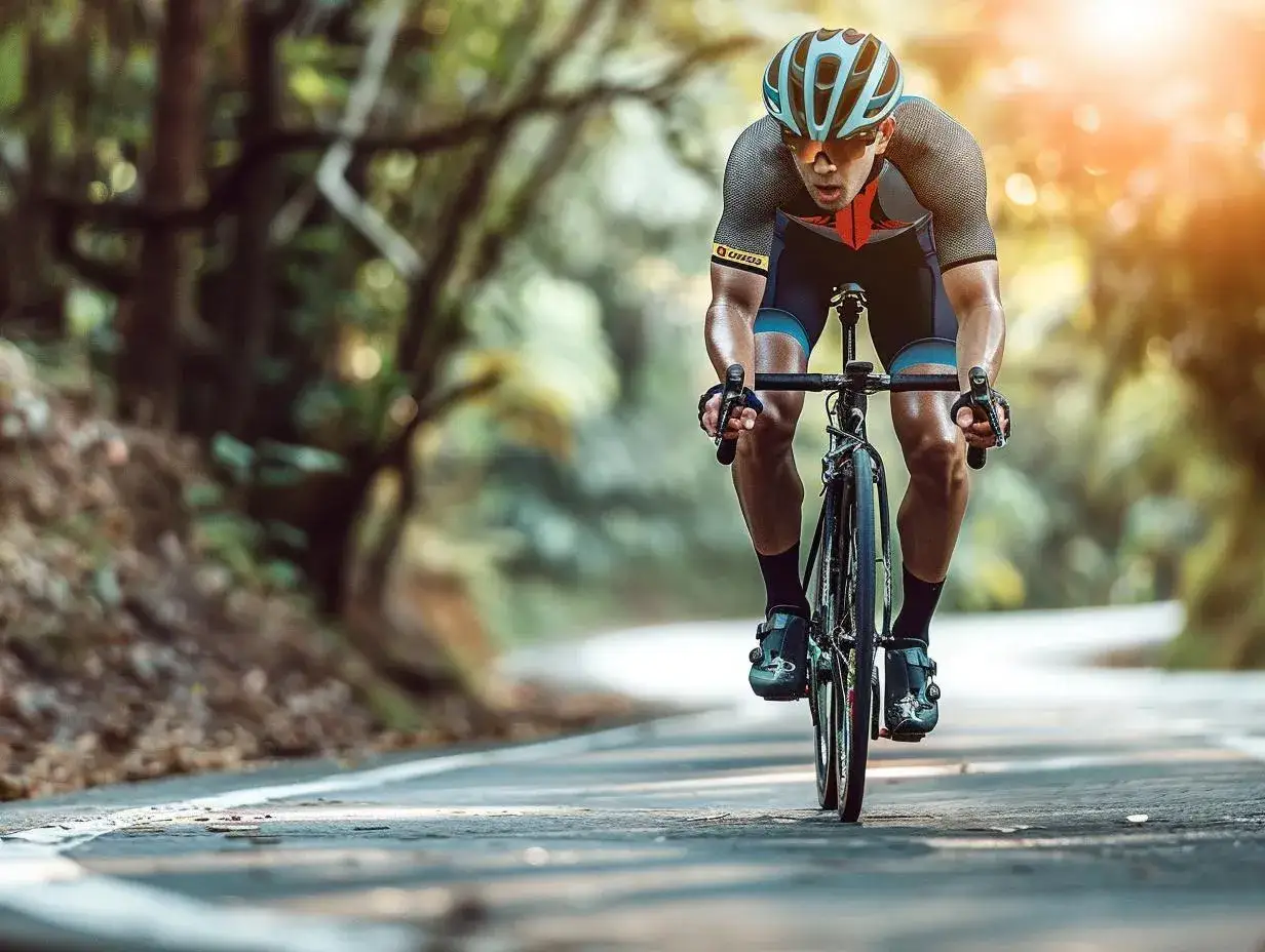Kolarz w akcji podczas maratonu rowerowego, pochylony nad kierownicą, w kasku i sportowym stroju, jedzie po krętej drodze wśr&oacute;d drzew.