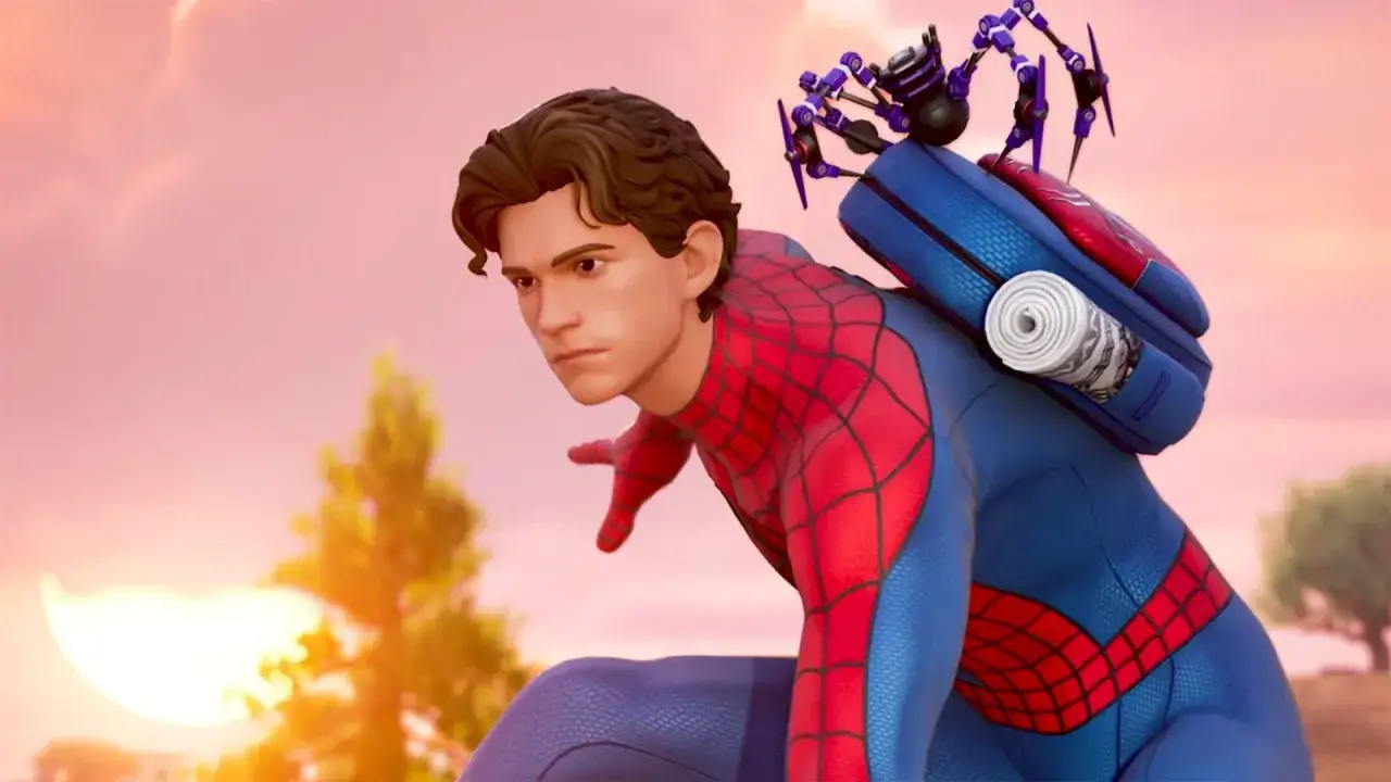 Spider-Man w nowej odsłonie, gotowy do akcji w najnowszej aktualizacji Fortnite. Jego plecak z pajęczym gadżetem wygląda groźnie.