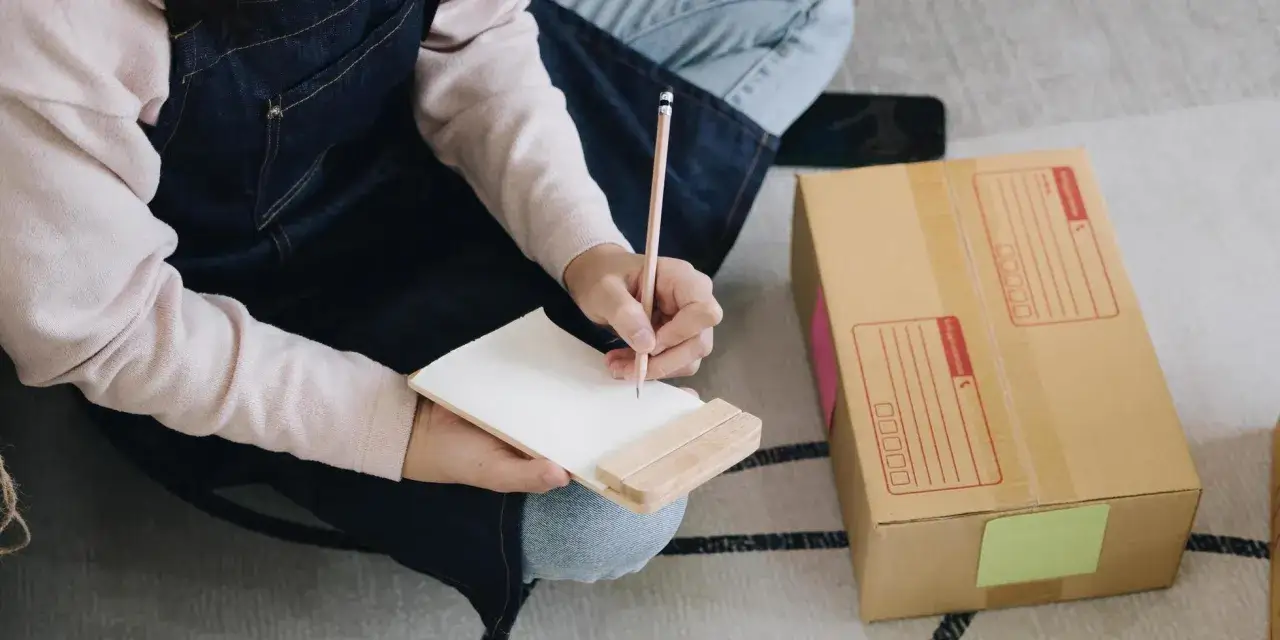 Persona planeando cómo emprender sin dinero, con cajas de envío y libreta en mano.
