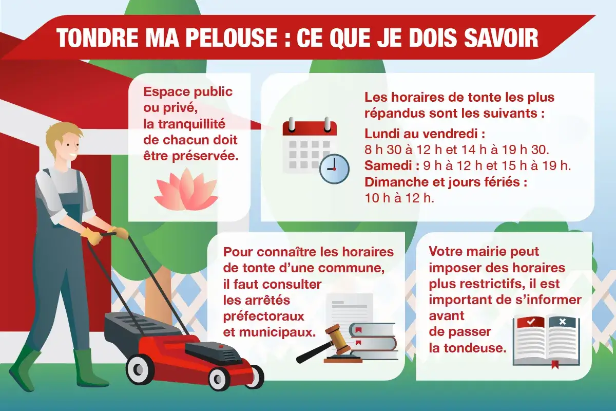 Un homme tond sa pelouse le dimanche, respectant les horaires autorisés pour préserver la tranquillité de tous.