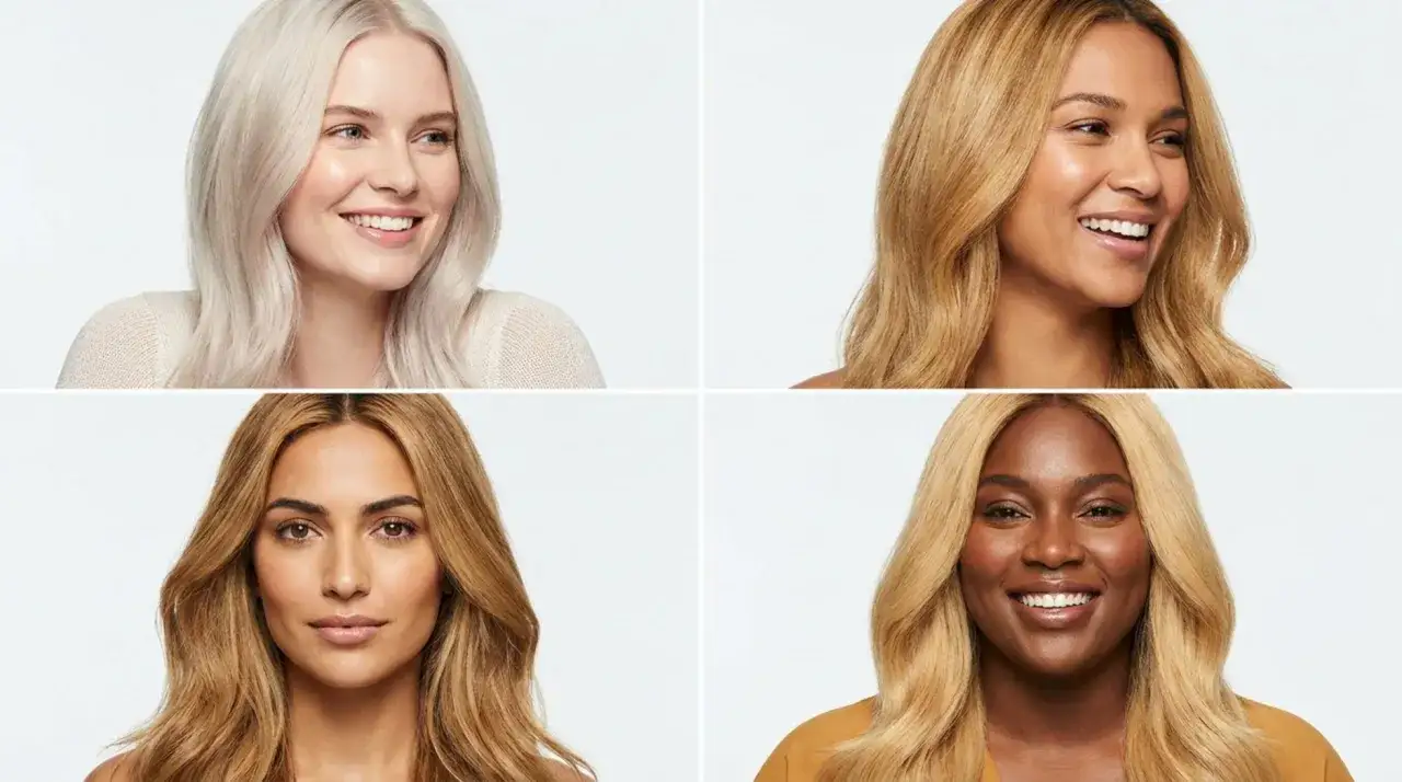 Quattro donne con diverse tonalità di capelli biondo, dal platino all'oro caldo, sorridono con sicurezza.