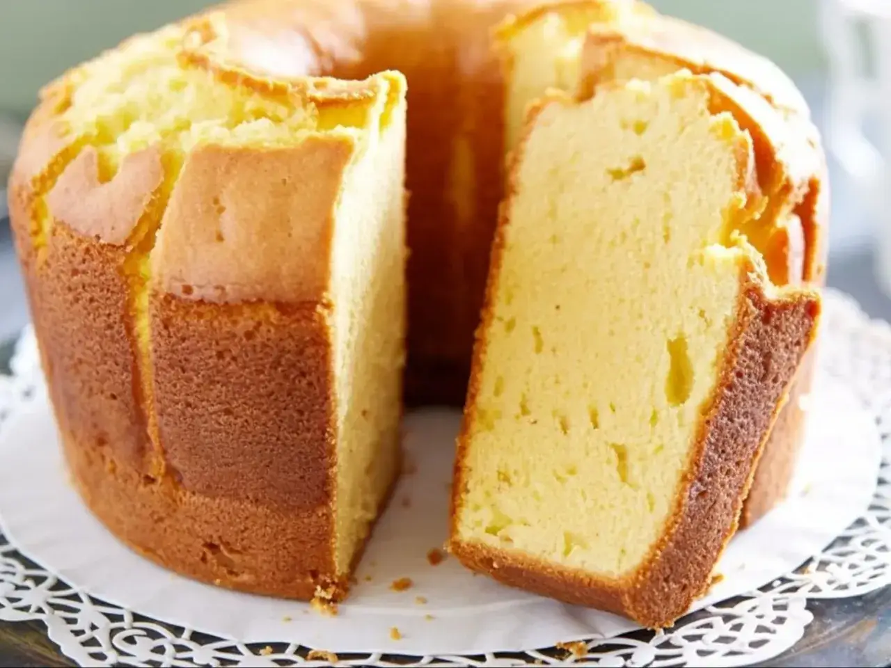 Puszysta babka wielkanocna z rumianą skórką, przekrojona na pół, prezentuje swoje jasne, delikatne wnętrze.