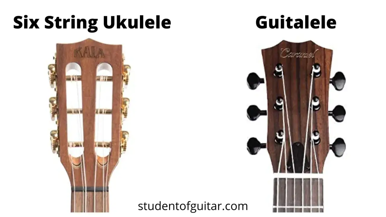 Gł&oacute;wka ukulele z sześcioma strunami i gł&oacute;wka guitalele. Mała gitara nazwa Caramel i Kala.